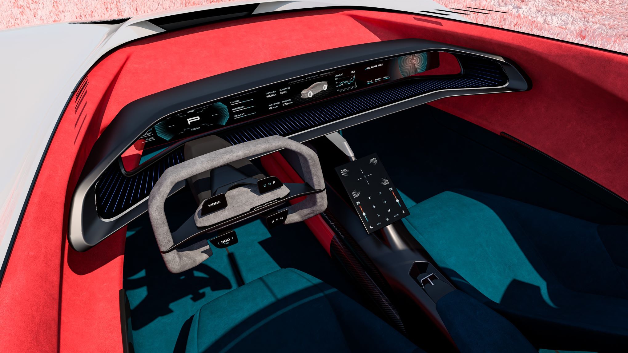 Pininfarina Enigma interior front-row view.