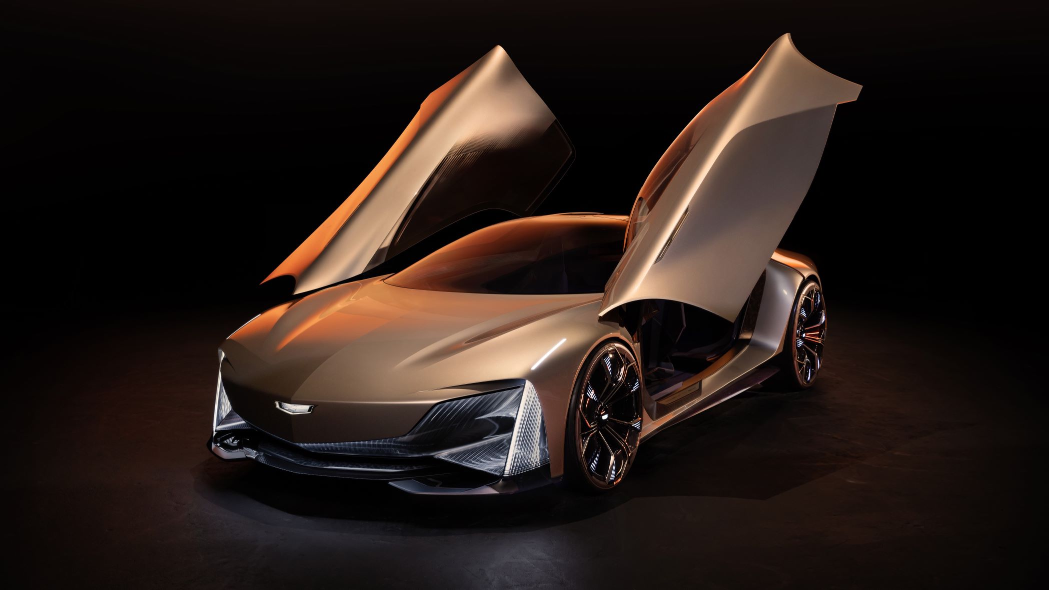 Cadillac Opulent Velocity concept vehicle front, doors up.