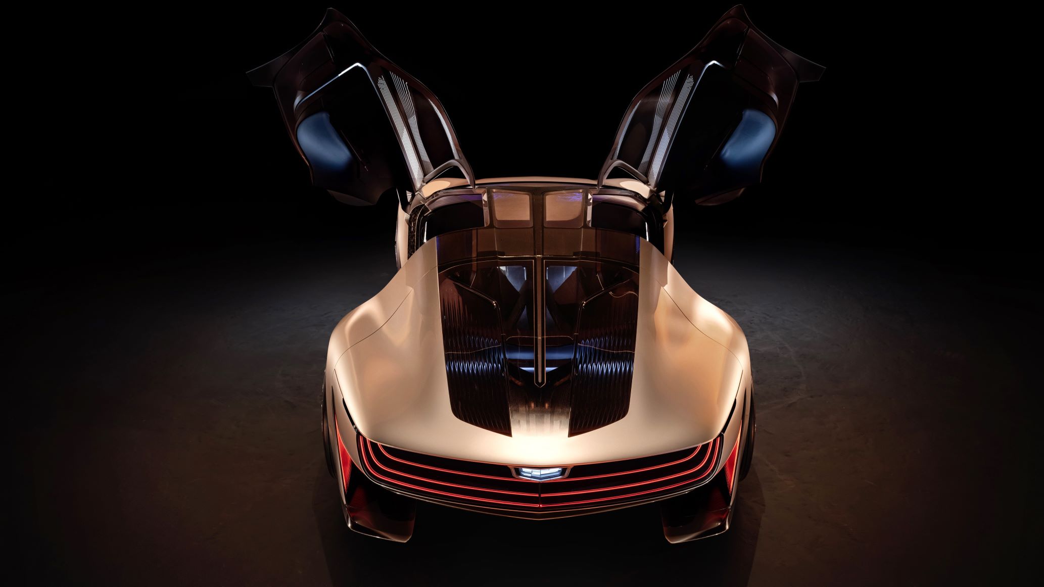 Cadillac Opulent Velocity concept vehicle rear doors up from above.